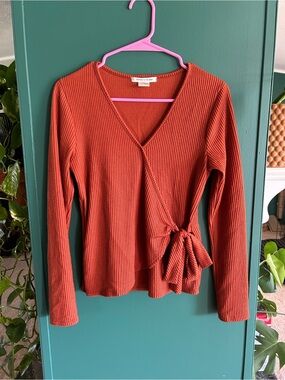 Caution to the Wind Wrap Ribbed Long-Sleeve Top - Rust